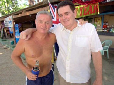 Larry Cunningham (right) at Diver's Bar on Surin beach with Ian 'Diver' Dick
