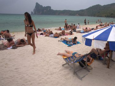 A popular beach on Phi Phi, where every night is usually a party night