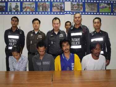 The alleged Phuket beach bag thief (far right) with accused drug traffickers