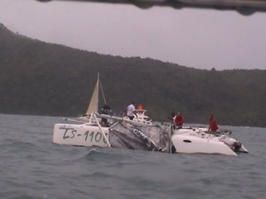 Dismasted catamaran Little Soul in seas off Phuket's east coast
