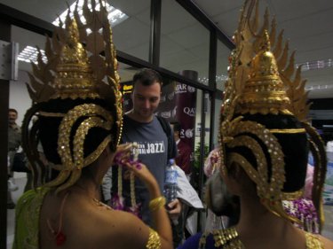 A Qatar Airways passenger enjoys Phuket's five-star greeting