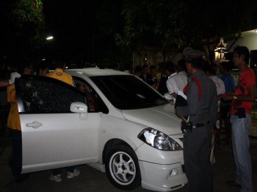 The bullet-riddled car in which a Phuket property broker and her daughter died