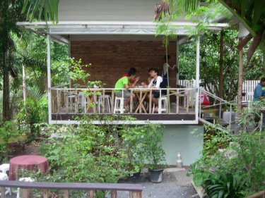 Diners eating among the greenery at The Yellow Door in Phuket City