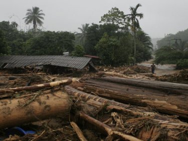 Piles of logs swept through villages, destroying everything in their path