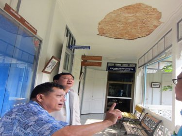 Phuket Governor Tri Augkaradacha is shown ceiling damage today