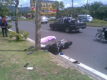 Thanapol Nangreab,30, was killed when his motorcycle hit a pole in Thepkasattri Road on Saturday. The road toll for April is likely to be higher than usual