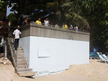 The freshly-painted outlet where waste water can pour onto Karon beach