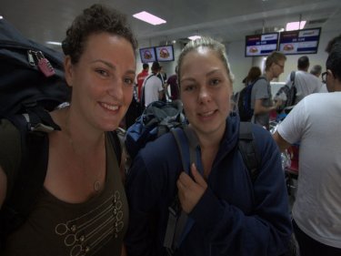 Amy Simpson and Chloe Cox-Haines in the check-in queue to escape today