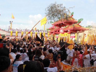 The pole-raising ceremony at Jui Tui temple in Phuket City this evening