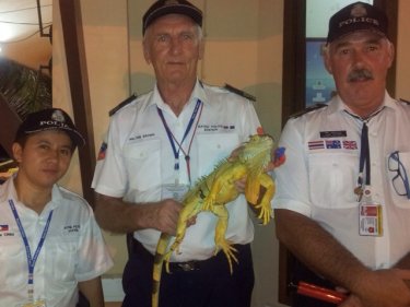 Phuket police volunteers with an iguanga seized in a Patong encounter