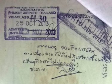 The man's passport contains a written message saying that the aircraft captain has denied him entry. His departure stamp has been cancelled