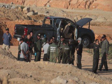 Bomb disposals experts check the pickup at the Phuket quarry today