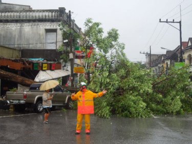Savage winds tumble a tree into a restaurant in Samkong today