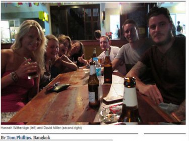 Hannah Witheridge and David Miller (second from right) in a Koh Tao bar on the night they were killed
