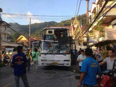 The empty bus after the driver crashed into Patong Temple's wall
