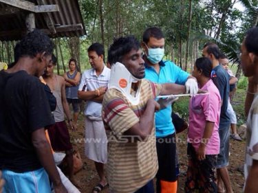 Injured Rohingya being treated at the spot where the pickup overturned today