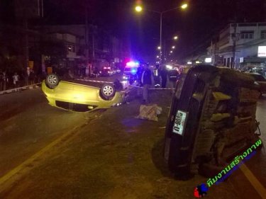Two cars allegedly racing along Thepkasattri Road crashed and flipped