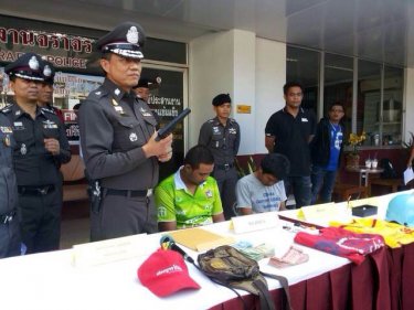 The robbers at Kathu Police Station with Phuket's Police Commander