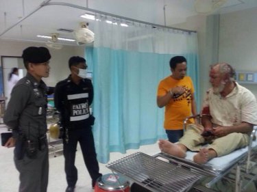 Mark Pendlebury being interviewed by officers in Patong Hospital today