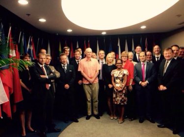 EU delegates joined Phuketwan journalists and Andy Hall for a photo today