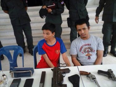 Accused drug dealers with their three-weapon arsenal on Phuket