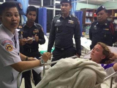 The rescued tourist being treated after her ordeal yesterday off Samui