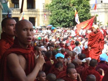 Monks protest in Rangoon before troops moved in.