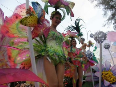 Sequins and colored feathers help dancers to samba