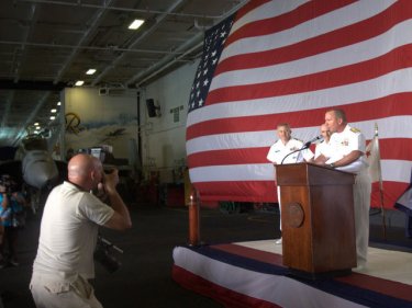 The American stars and stripes on board the USS Ronald Reagan