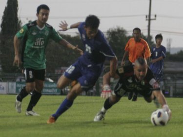 A diving backwards save by FC Phuket's goalkeeper adds a twist tonight