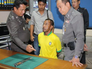 Patong beach vendor Arak Kaisub, 38, and the murder weapon