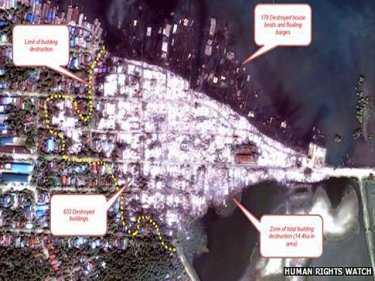 The satellite image that Human Rights Watch says shows massive destruction in a Burmese village by comparison with earlier photographs