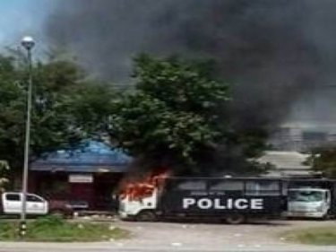 Police trucks blaze as a rubber protest grows nasty in the south today