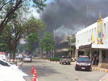 The blast scene outside Had Yai Police Station this afternoon