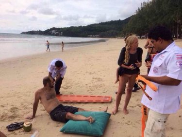 Not all rescues by Phuket's lifeguards involve possible drownings. It was a relief to be able to deal with this Kamala tourist who sprained an ankle playing football