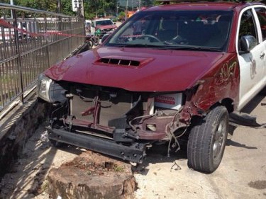 The police car after crashing into the escaping pickup last night