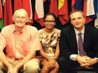 Alan Morison (left) Chutima Sidasathian and Andy Hall meet EU envoys in Bangkok earlier this year for briefings about their defamation cases