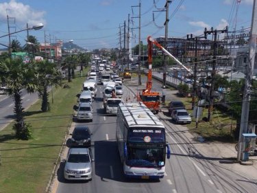 Nose to tail traffic extended for kilometre after kilometre on Phuket today