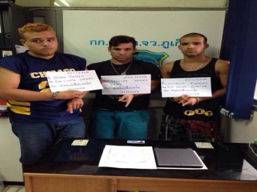 The three suspects being held by police today at Chalong on Phuket