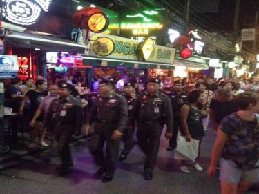 Police turn out in Patong's Soi Bangla last night to demonstrate safety